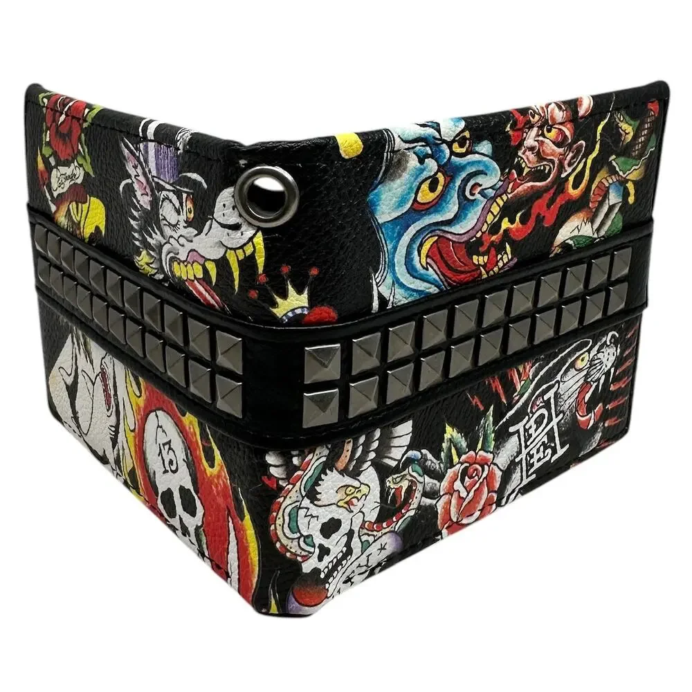 Ed Hardy Men's Pyramid Stud Biker Bifold Black Wallet With Removable Chain